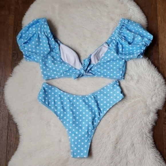 New Blue Polka Dots Puff Sleeve Self Tie Top Bikini Set Size L - Picture 7 of 7